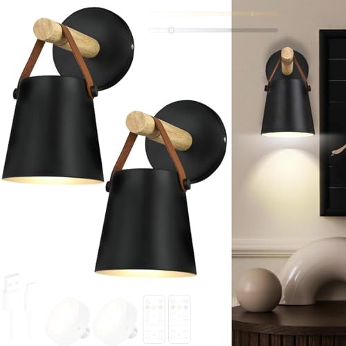 Apliques de pared LED de madera y metal negro con batería USB para iluminación interior