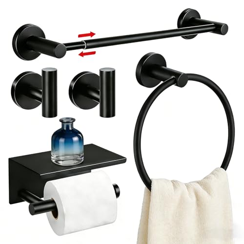 5Pcs Bathroom Hardware Set Matte Black Bathroom Accessories Set with 24 Towel Bar Upgraded Toilet Paper Holder with Shelf Towel Ring & 2 Robe Hooks Wall Mounted Stainless Steel Bath Hardware Set