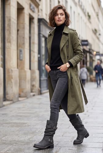 Image of GLOBALWIN Chunky Mid Calf Fashion Dressy Motocycle Biker Military Style Combat Boots for Women Low Heel