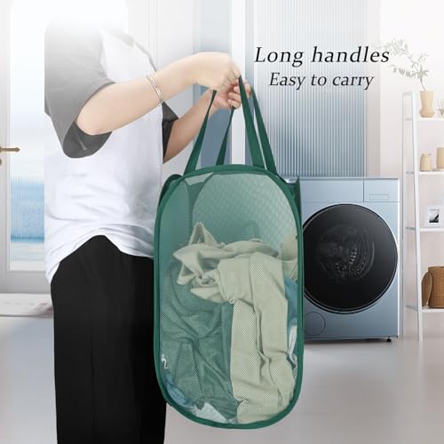 Image of Upgraded 100L Extra Large Collapsible Laundry Baskets, 2 Pack XL Mesh Pop Up Laundry Hamper with Handles, Portable Travel Laundry Basket, Foldable Hamper. Green
