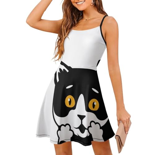 Robe d'été chaton noir et blanc avec bretelles spaghetti et jupe courte fluide sans manches