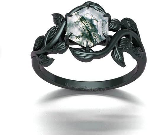 925 Sterling Silver Hexagon Cut Moss Agate Leaf Ring for Women, Unique Vintage Nature Inspired Jewelry, Black Rhodium Finish Engagement Ring, Perfect for Mom, Wife or Girlfriend