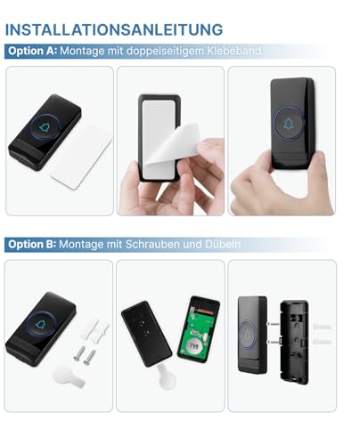 AVANTEK Funkklingel, Türklingel Funk Set, 400m Reichweite IP55 Aussen Wasserdicht Haustür Klingel mit 2 Plug-In-Empfänger, 52 Melodien, 5 Lautstärkestufen, Empfänger einfach in die Steckdose