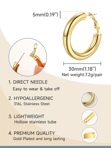 Image of Stainless Steel Chunky Hoop Earrings For Women, Minimalist and Chic, Black /Gold Plated, Round Hoops Earrings Hypoallergenic, Size: 30mm /40mm /60mm /80mm, Come with Box