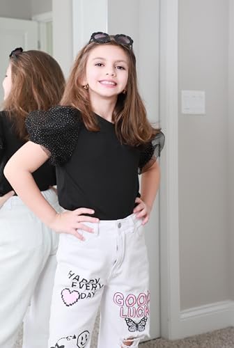 Image of Arshiner Girls Shirts Mesh Puff Short Sleeves Blouse Crewneck Cute Print Summer Kids Tee Tops