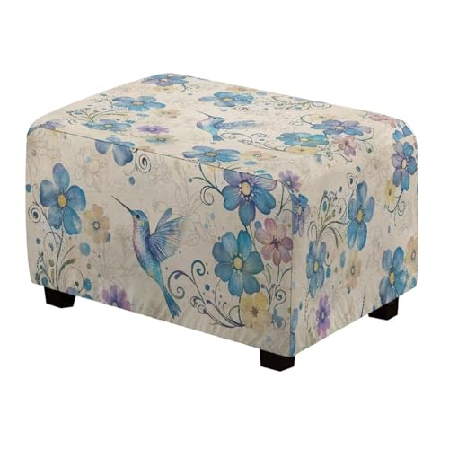 Yorfeemge Hummingbird Flower Ottoman Cover Rectangular Stretch Footrest Stool Cover Furniture Protector with Elastic Bottom Removable Slipcover