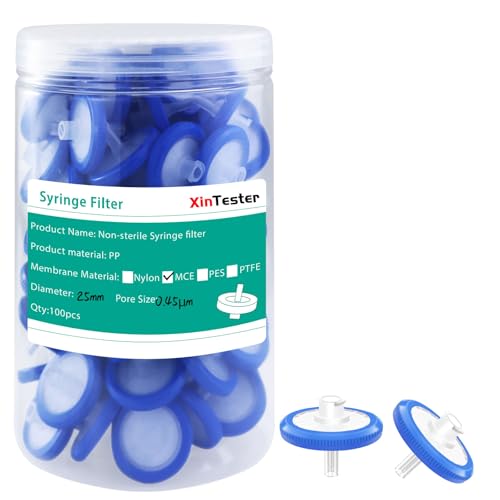 Image of Xin Tester 100 PCS Non-Sterile Syringe Filter MCE Membrane 25mm Diameter 0.45um Pore Size Hydrofilic Syringe Lab Filters