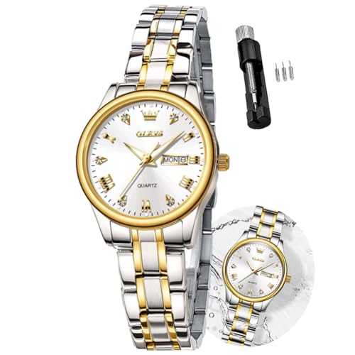 OLEVS Womens Watches Fashion Stainless Steel Analog Quartz Womens Wrist Watch Classic Gold Silver Ladies Watches Small White Dress Two Tone Simple Date Watches for Women