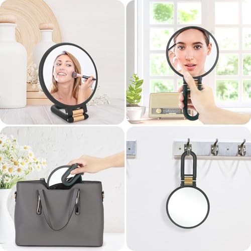 Image of Plastic 1x 15x Magnifying Handheld Square Hand Mirror, Travel Folding Hand Held Mirror, Double Sided Pedestal Magnification and True Image Makeup Mirror for Women with Adjustable Handle, Pink