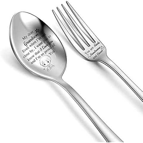 Grandson Soup Dinner Fork and Spoon Set Inspirational Birthday Greeting Gift Engraved Coffee Spoons Ice Cream Dessert Cake Forks Graduation Back to School Appreciate You Present Christmas Tablespoon Cover
