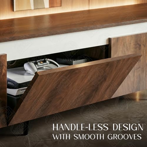 Image of ABOUT SPACE TV Unit - Engineered Wooden TV Stand Table Cabinet with Drop Down Doors, Cable Hole for Set Top Box WiFi Router Stand for Living Room, Bedroom (White & Walnut- L 180 x B 37 x H 48 cm)