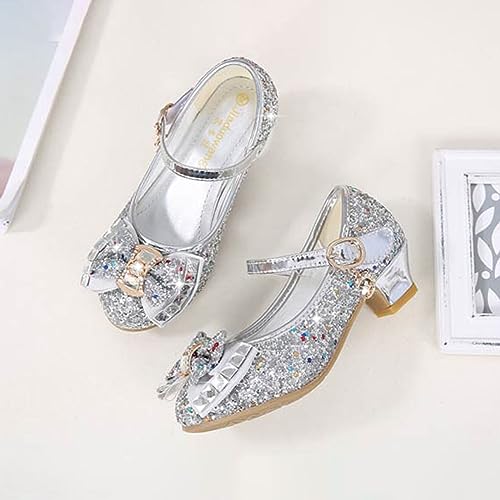 Yoawdats Girls Toddler Dress Shoes Sparkly Ruby Bowkno Flowert Wedding Party Bridesmaids Low Heel Princess Shoes for Kids (Silver, 18.2 cm)4