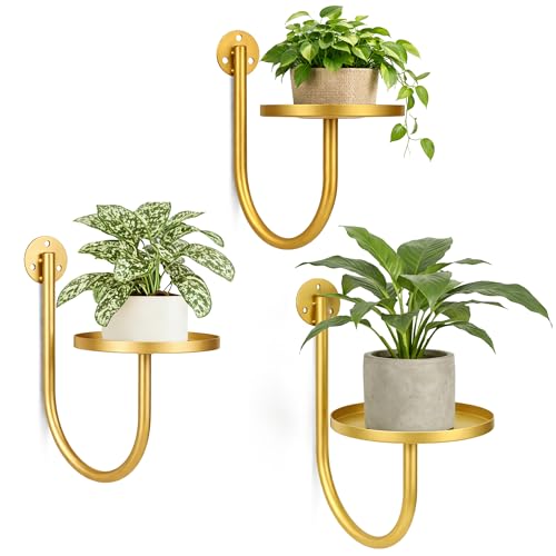 SUNCKET Wall Plant Holders for Indoor Plants, 3 Pack Metal Wall Mounted Plant Shelves，Modern Window Plant Hanger, Space Saving Hanging Planters for Living Room Bedroom Kitchen Bathroom Office Decor, Golden