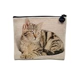Pochette en Lin - Splendide Chaton Tigre Yeux Gris Europeen Mignon Chat - Trousse Maquillage en Toile Aspect Lin - Porte Monnaie - 15 x10 cm
