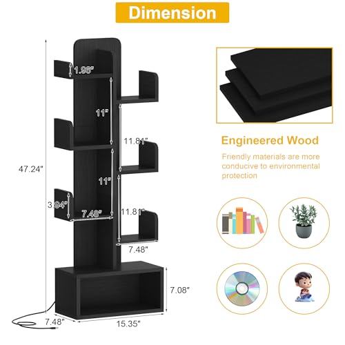 Image of Qupui 6-Tier LED Bookshelf, 47 inch Tall Cactus Corner Bookcase, Black | RGB 22 Modes 6 Brightness Levels. Cactus-inspired Tree Design. Engineered Wood. 6 Shelves Hold 5-10 Books Each. For Bedroom