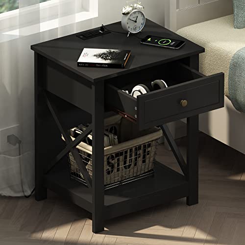 Treocho Black Nightstand With Charging Station, X-Design End Side Table With 2 Ac And Usb Power Outlets, Small Night Stand With Storage Drawer And Open Shelf For Bedroom #TOP1