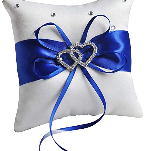 Livecitys 10x10cm Romantic Ring Pillow Bridal Wedding Ring Pillow Double Heart Ribbon Cushion Decor Blue