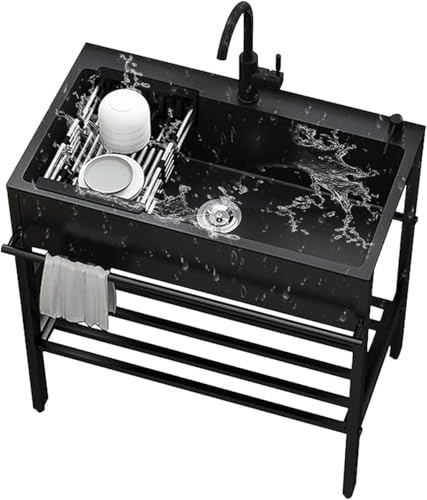 Lavandino a bobina, in acciaio inox, nero, 68 cm, autoportante, con rubinetto, per garage, ristorante, lavanderia, esterni