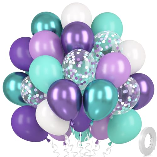 Globos Morados Verdes, 30 Metálico Turquesa Morado, Globos Macaron Violeta Verde Azulado, Globo Helio Blanco Con Confeti para Niñas Sirenas Cumpleaños Bodas Compromisos Baby Shower