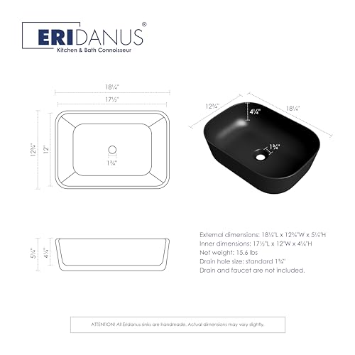 Eridanus Badezimmer Aufsatzwaschbecken, rechteckiges Waschbecken für die Arbeitsplatte, vitreous China quadratisches Keramikwaschbecken für WC, Matte Schwarze Ausführung - 465 x 325 x 135 mm
