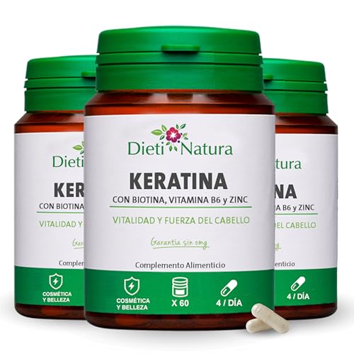 Dieti Natura Keratina Pack 3 de 60 Cápsulas Cabello y Uñas Fuertes - Keratina Cynatine HNS® para Fortalecer Cabello - Vitaminas Cabello Mujer y Hombre con Biotina B8, Zinc y Vitamina B6