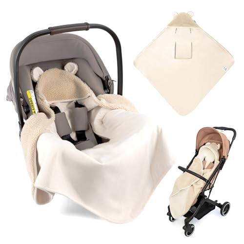 Zamboo Manta Capazo Bebé Invierno | Arrullo Recién Nacido de Borreguito con Orejas Multifunción | Certificado Oeko Tex | Ranuras para Arnés | para Cochecito   Silla de Coche   Carrito | Unisex Beige