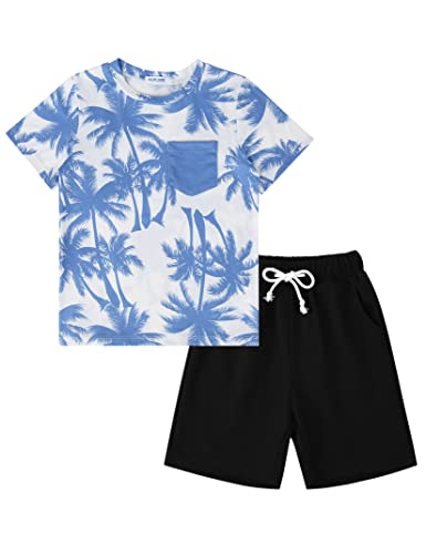 Image of GERU Boy Shorts Sets Hawaiian Outfit Kid Leaves Floral Short Sleeve Shirt Top+shorts Suits