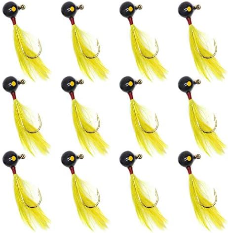 12 Piece Crappie jig Head Fishing Lure Hook with Feather Fly Fishing Panfish Sunfish Hair Jig Bait 1/16oz
