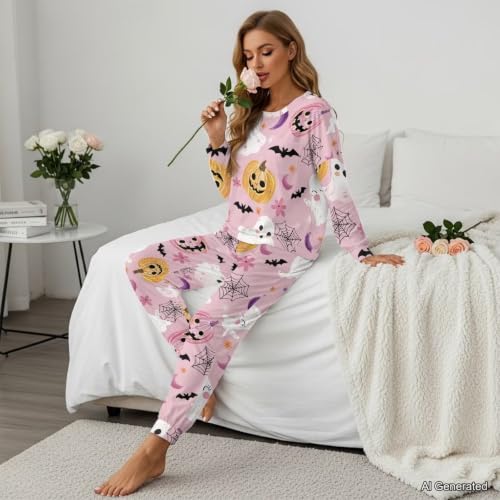 Image of Womens Lounge Set Long Sleeve Soft Pajama Sets | Casual 2 Piece Pj Outfit, Crewneck Sleepwear with Pockets, Adjustable Drawstring, Soft Comfy Fall Pajamas, Plus Size