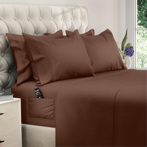 Image of DREAMCARE Full Size Sheets - 6 pcs Breathable Cooling Sheets Full Size Bed | up to 15 inch Deep Pocket Full Sheet Set with Side Pockets - Extra Soft Full Size Bed Sheets - Hotel Luxury Bed Sheets MochaBrown