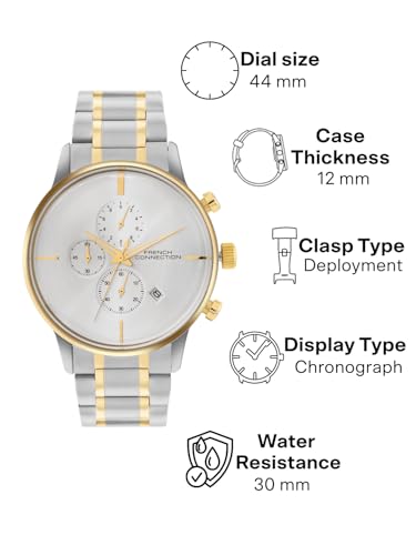 Image of French Connection Silver Embossed Round Dial | Gold Stainless Steel Mesh Strap Chronograph Watch for Mens FCO5TM