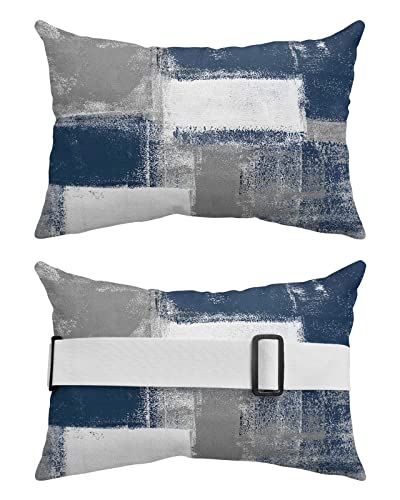 Blue Grey White Outdoor Beach Chair Pillow Headrest for Chaise Lounge Chair, Modern Oil Painting Abstract Recliner Head Pillow Waterproof Pillowcases with Elastic Stripes & Pillow Inserts 11x16(2 PCS)