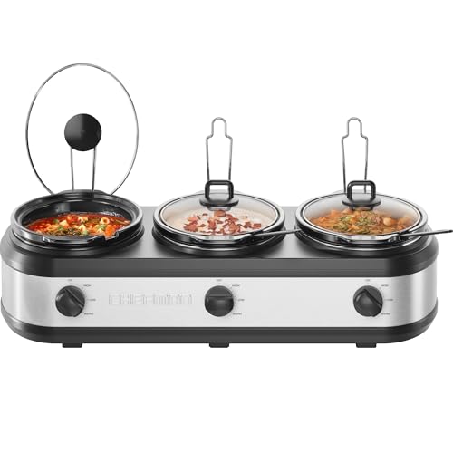 Chefman Triple Slow Cooker & Food Warmer, Three Crock Slowcooker with 2.5 Qt. Ceramic Crocks, 7.5-Quart Total Capacity, PFAS-Free, Three Temperature Settings, Dishwasher-Safe Parts – Stainless Steel