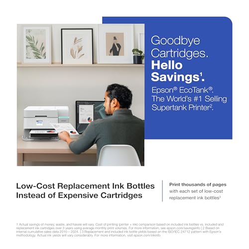 epson ecotank et-3950 wireless all-in-one color supertank printer with up to 3 years of ink refillable tanks perfect for home office 18 ppm 2434 color screen auto document feeder  white