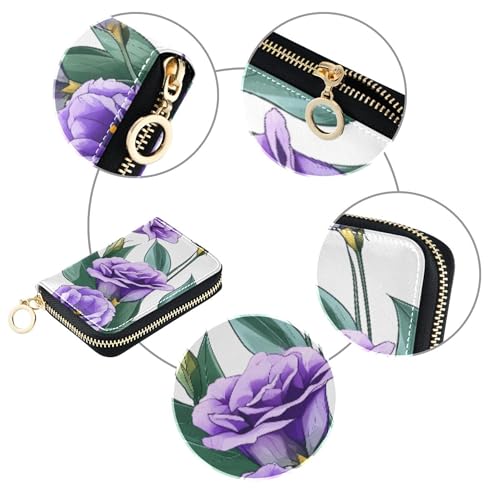 RFID Blocking Credit Card Wallets Cute Small Wallets for Women Zip Around Zipper Wallet with Coin Pocket Elegant Purple Floral Leaves White4