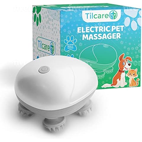 Handheld Pet Massager for Dogs and Cats by Tilcare - Electric Cat and Dog Massage Tool - Head and Back Scratcher for Relieving Tension, Tight Muscles and Stiffness with Four Rotating Massage Heads Cover
