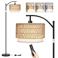 ROTTOGOON Arc Floor Lamps for Living Room, Boho Farmhouse Floor Lamp with Remote & Dimmable Bulb, Standing Lamp with Rattan & Fabric Shades, Adjustable Tall Lamp for Bedroom Office-Black