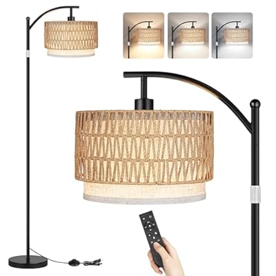 ROTTOGOON Arc Floor Lamps for Living Room, Boho Farmhouse Floor Lamp with Remote & Dimmable Bulb, Standing Lamp with Rattan & Fabric Shades, Adjustable Tall Lamp for Bedroom Office-Black