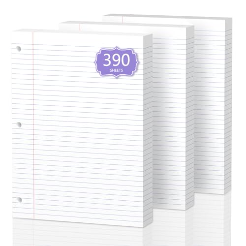 Papier volant ligné perforé 3 trous pour classeur, lot de 390 feuilles de format 20,3x26,7 cm