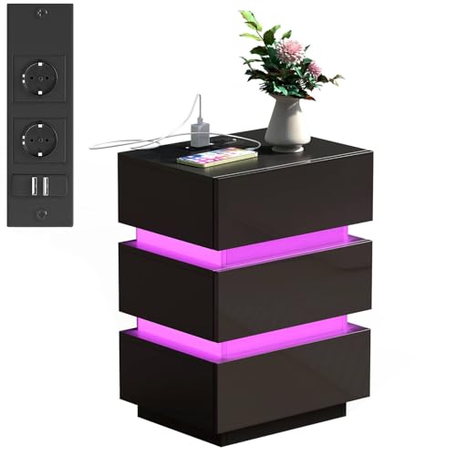 Rcynview Mesita de Noche Negra Brillante, Mesillas de Noche Dormitorio con Luz Led, Mesa de Noche Modernacon Estación de Carga, Puertos USB, 1X Mesitas de Noche de Alto Brillo de Madera 45x35x62cm