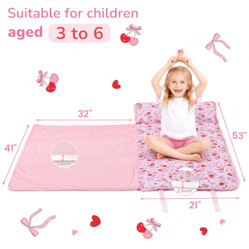 Image of Viviland Toddler Nap Mat with Pillow and Minky Dot Blanket, Cherry Bows