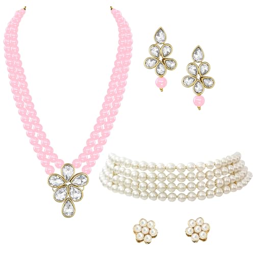 Image of Peora Crystal Faux Pearl Kundan Necklace & Jewellery Set Gift for Women