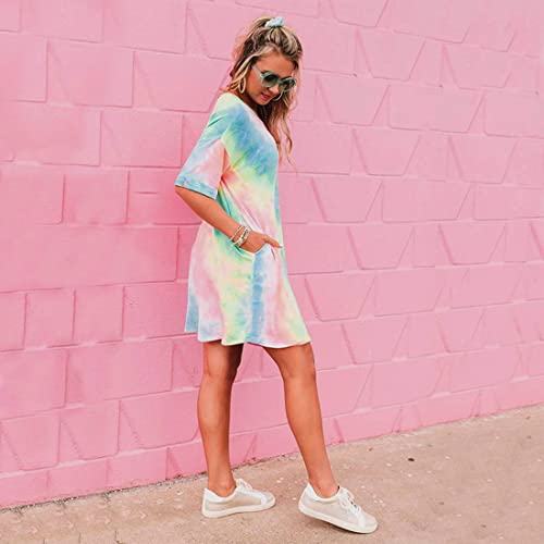 Image of MOUSYA Women Tie Dye Dress Short Sleeve T Shirt Dress Summer Casual Loose Mini Dress with Pockets