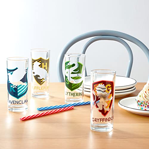 Image of Silver Buffalo Harry Potter Hogwarts House Crests Silo Stripes 4-Pack Tumbler Glass Set, 10-Ounces