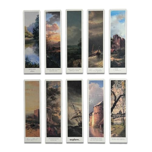Image of Vintage Landscape Bookmarks - Set of 14 Aesthetic Nature Scene Designs (15x4 cm) with Free Art Postcard | Paper Bookmarks for Books, Journaling & Gifting