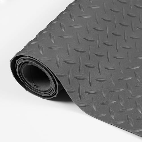 otoez Garage Floor Mat Roll, 5 ft x 12 ft Diamond-Plate Rubber Flooring Rolls 2.5 mm Thickness Heavy Duty Oxford Floor Protecting Mats for Garage Gym Boats Car Trailer, Gray