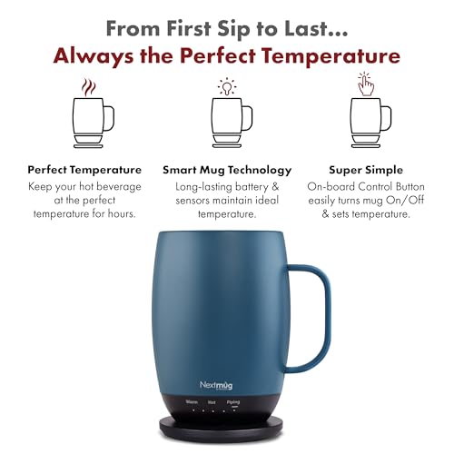 Nextmug Plus (Slate Blue - 18 oz.) Temperature-Controlled, Self-Heating Mug – No App, Long-Lasting Battery for Work & Study, Great Gift f...
