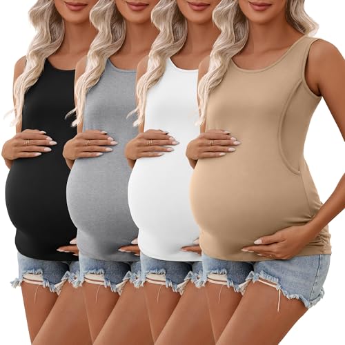 Ficerd 4 Pack Women's Nursing Tank Tops Sleeveless Breastfeeding Maternity Shirts Double Layer Pregnancy Clothes(Khaki, White, Light Gray, Black,XX-Large)