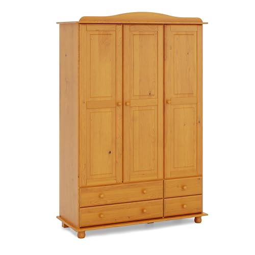 Moblit Armario Dormitorio Ropero 3 Puertas – Armario de Madera de Pino Macizo Natural con Barra y Estantes, Serie Canet, Gran Capacidad, Armario Dormitorio Moderno (197 cm Alto)