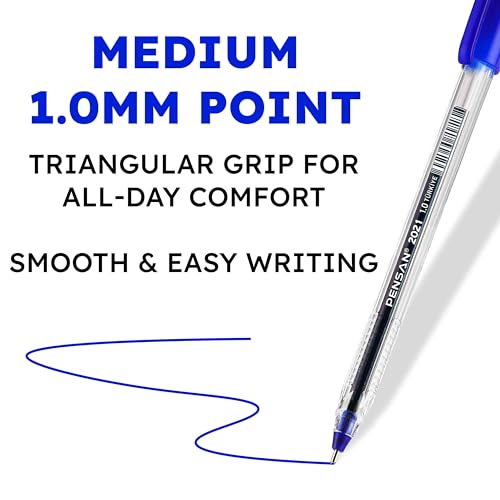 Image of PENSAN Blue Ballpoint Pens,1.0 mm Medium Point, Blue Pens, Ergonomic Triangle Grip, 50-Count Pack of Bulk Pens